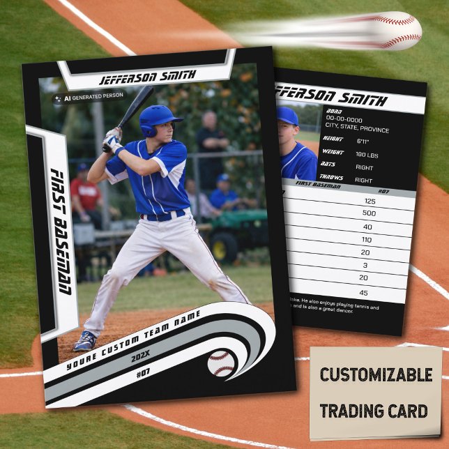 Baseball Trading Card Lively Silver Black (Baseball Player Trading Card in Black with Custom Team Name and White Silver Elements)