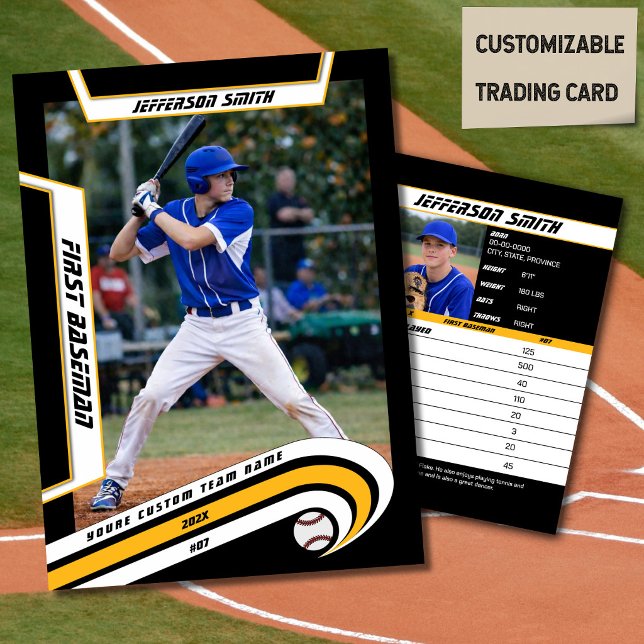 Baseball Trading Card Lively Yellow Black (Baseball Player Trading Card in Black with Custom Team Name and White Yellow Elements)