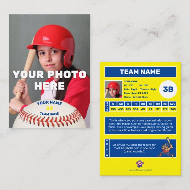 Baseball Trading Card Yellow Back - Custom Stats (Front/Back)