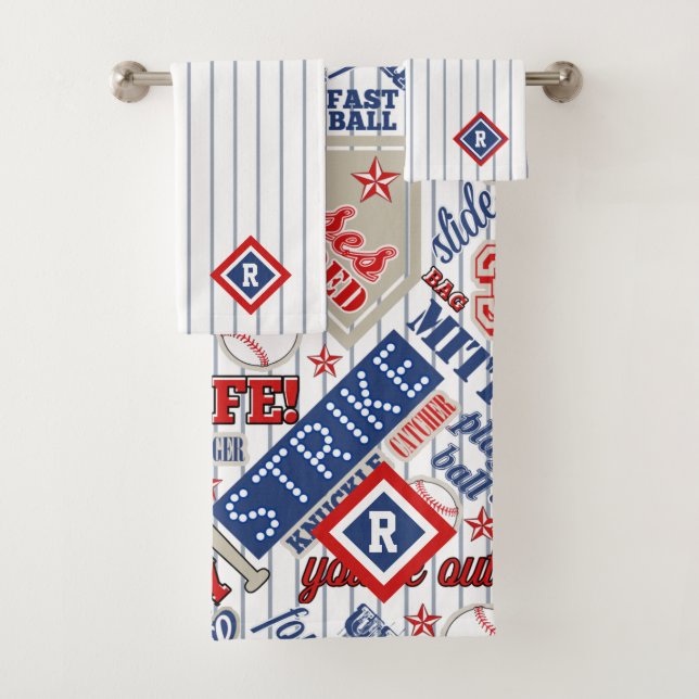 Baseball Typography Red White Blue Stripes ID770 Bath Towel Set (Insitu)