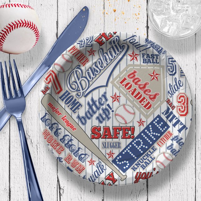 Baseball Typography Red White Blue Stripes ID770 Paper Plate (Creator Uploaded)