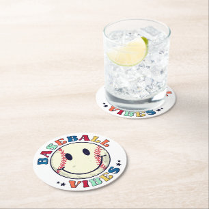 Baseball Vibes Happy Face Ball  Round Paper Coaster