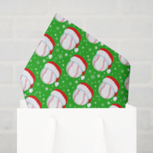 Baseball Wearing Santa's Hat & Snowflakes Green Tissue Paper
