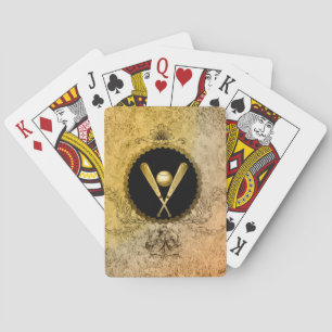 Baseball with baseball bat on a round botton playing cards