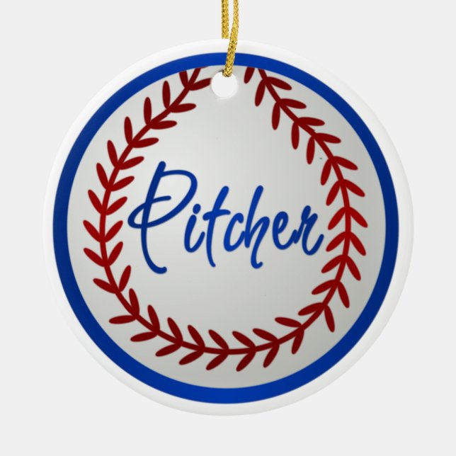 Baseball With Red Stitches and Pitcher Ceramic Ornament (Front)