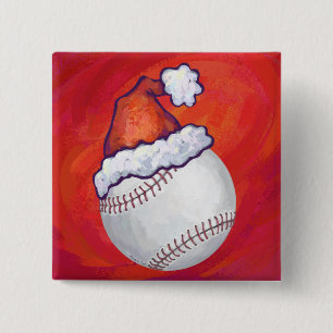 Baseball with Santa Hat on Red 2 Inch Square Button