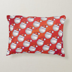 Baseball with Santa Hat on Red Accent Pillow