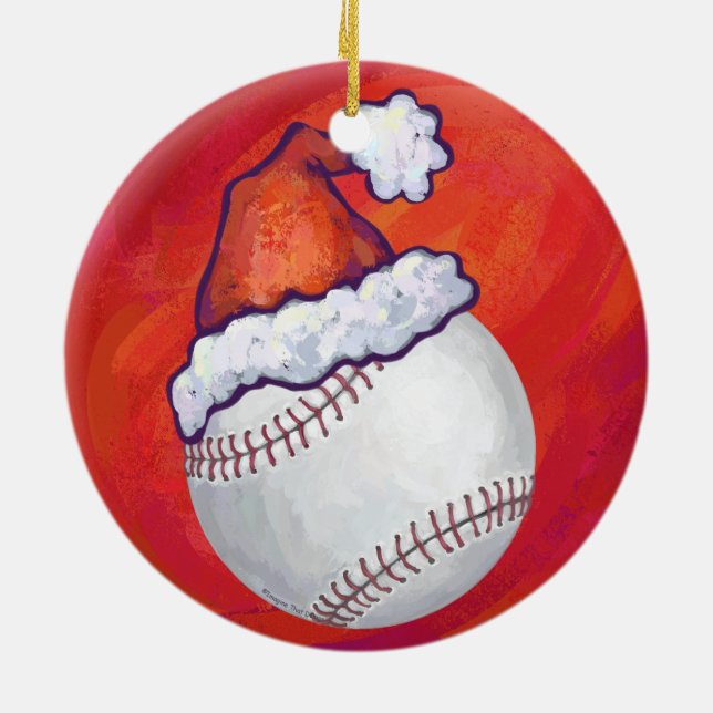 Baseball with Santa Hat on Red Ceramic Ornament (Back)