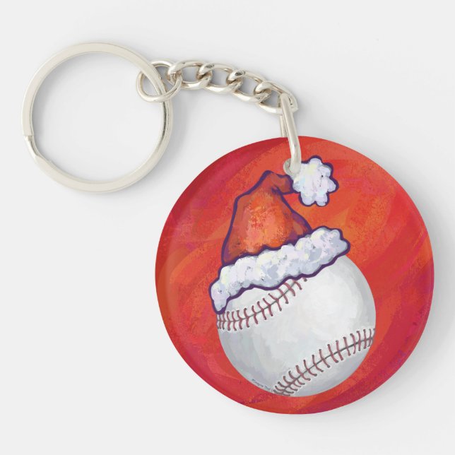 Baseball with Santa Hat on Red Keychain (Front)