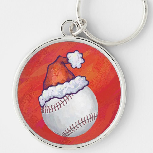 Baseball with Santa Hat on Red Keychain (Front)