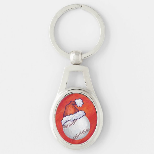 Baseball with Santa Hat on Red Keychain (Front)