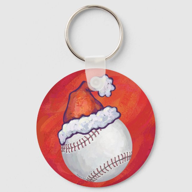 Baseball with Santa Hat on Red Keychain (Front)