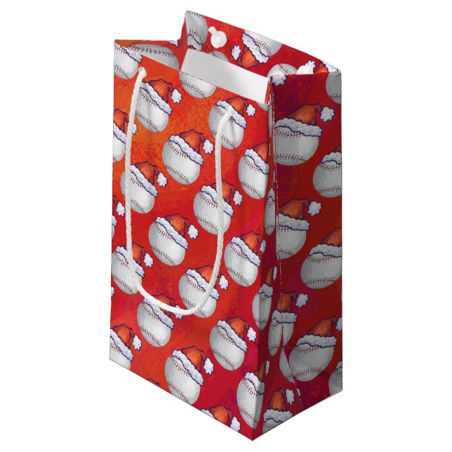 Baseball with Santa Hat on Red Small Gift Bag (Front Angled)
