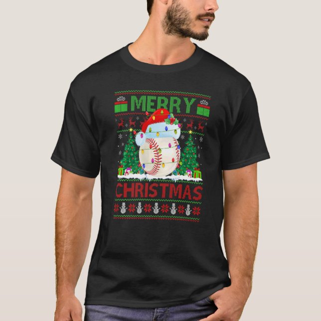 Baseball  Xmas Tree Ugly Santa Baseball Christmas T-Shirt (Front)