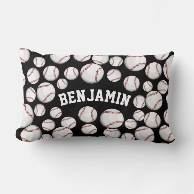 Baseballs By the Boatload Custom Black Lumbar Pillow (Front)
