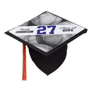Baseballs in Black and White Custom Jersey Number Graduation Cap Topper