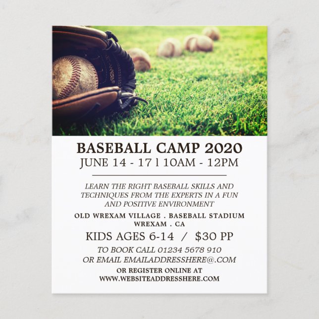 Baseballs on Field, Baseball Camp Advert Flyer (Front)