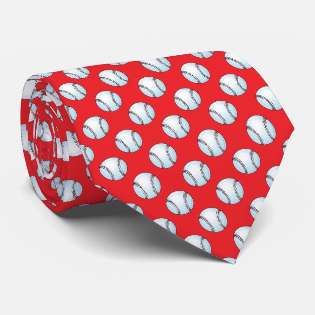 Baseballs on Team Colour Red Tie (Rolled)