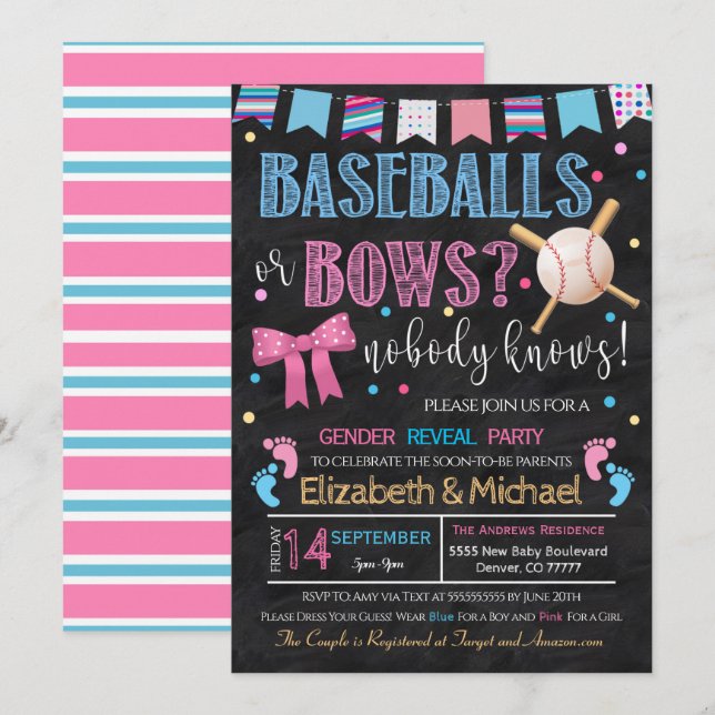 Baseballs or Bows Gender Reveal Invitation (Front/Back)