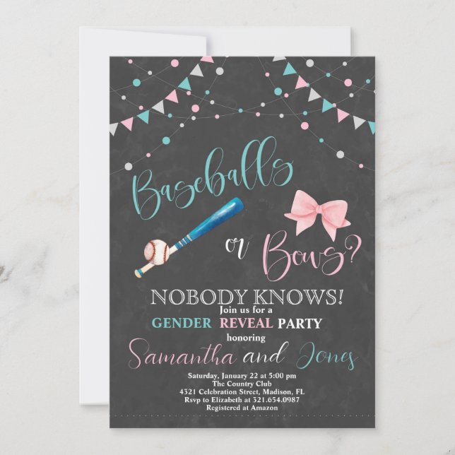 Baseballs or Bows Gender Reveal Party Invitation (Front)
