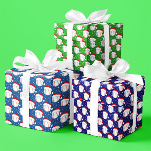 Baseballs Wear Santa's Hat & Snowflakes Colourful Wrapping Paper Sheet