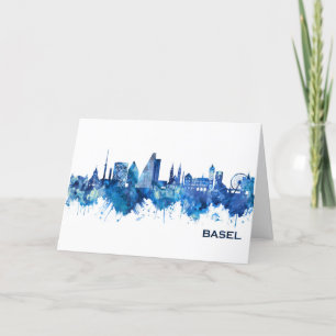 Basel Switzerland Skyline Blue Holiday Card