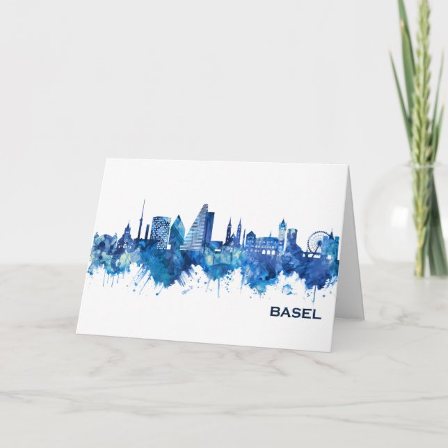 Basel Switzerland Skyline Blue Holiday Card (Front)