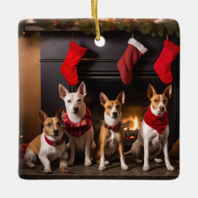 Basenji by the Fireplace Christmas Ceramic Ornament (Front)