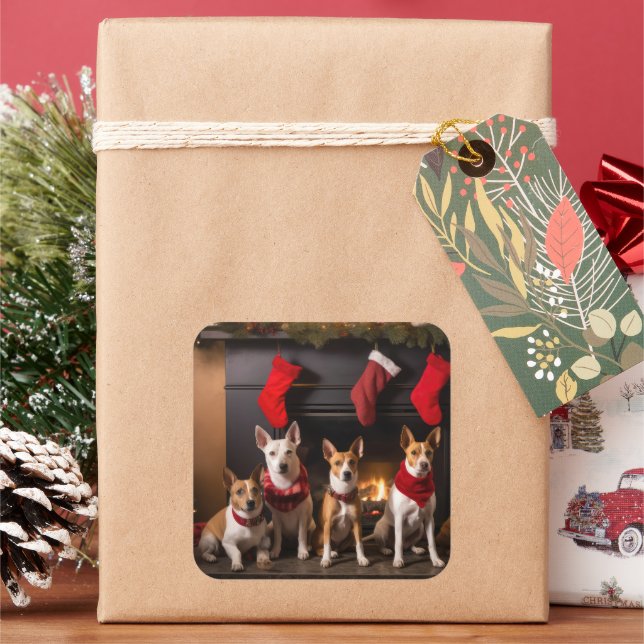 Basenji by the Fireplace Christmas Square Sticker (Holiday)