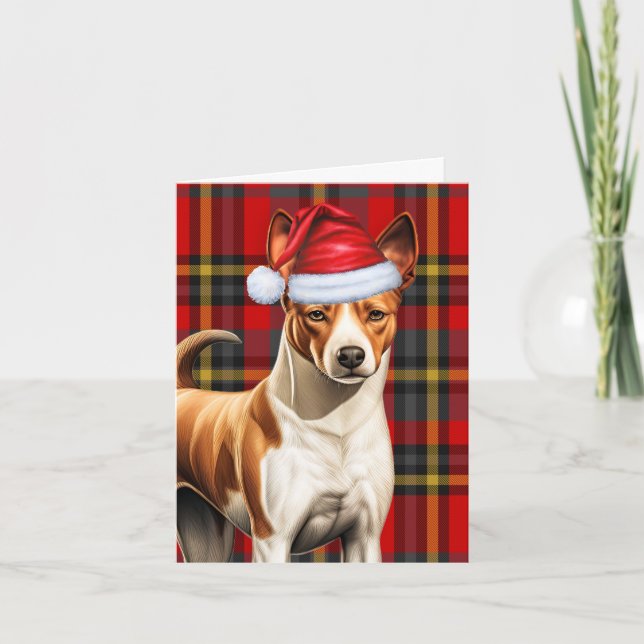 Basenji Christmas Dog Red Green Plaid Christmas Holiday Card (Front)