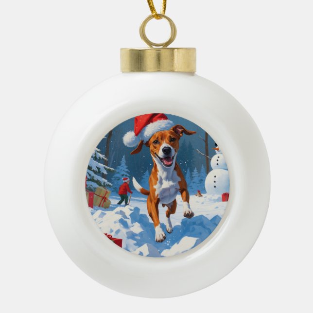 Basenji Christmas Festive Snow Scene Ceramic Ball Christmas Ornament (Front)