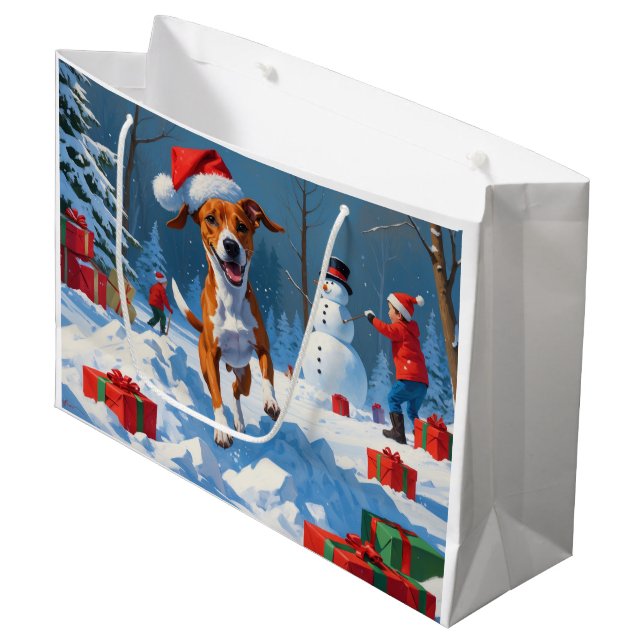 Basenji Christmas Festive Snow Scene Large Gift Bag (Front Angled)