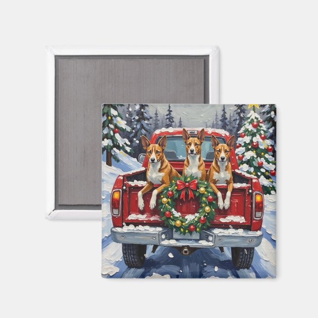 Basenji Christmas Red Truck Holiday Magnet (Front/Back)