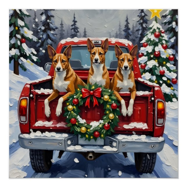 Basenji Christmas Red Truck Holiday Poster (Front)