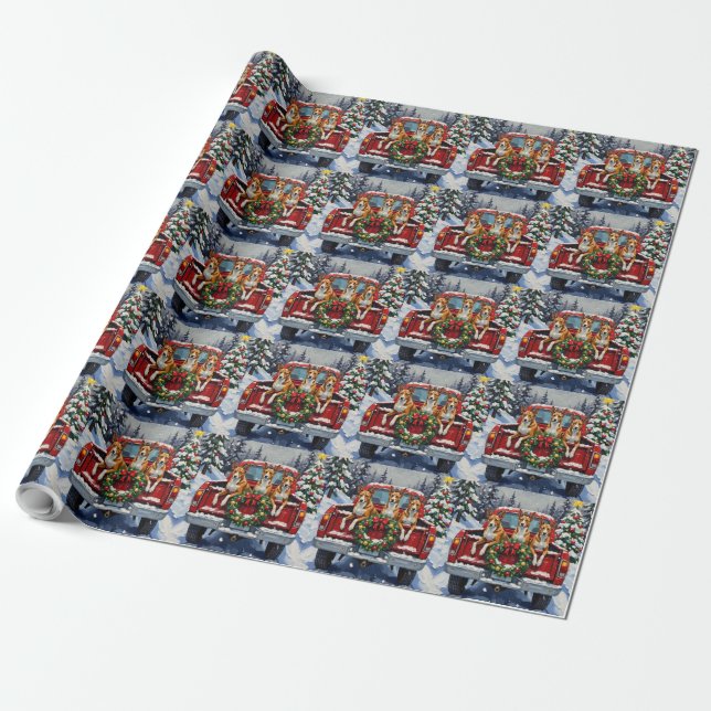 Basenji Christmas Red Truck Holiday Wrapping Paper (Unrolled)