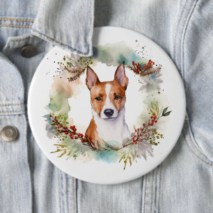 Basenji Christmas Wreath Festive Pup 6 Inch Round Button