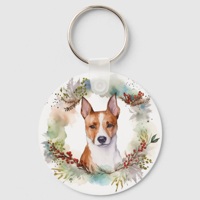 Basenji Christmas Wreath Festive Pup Keychain (Front)