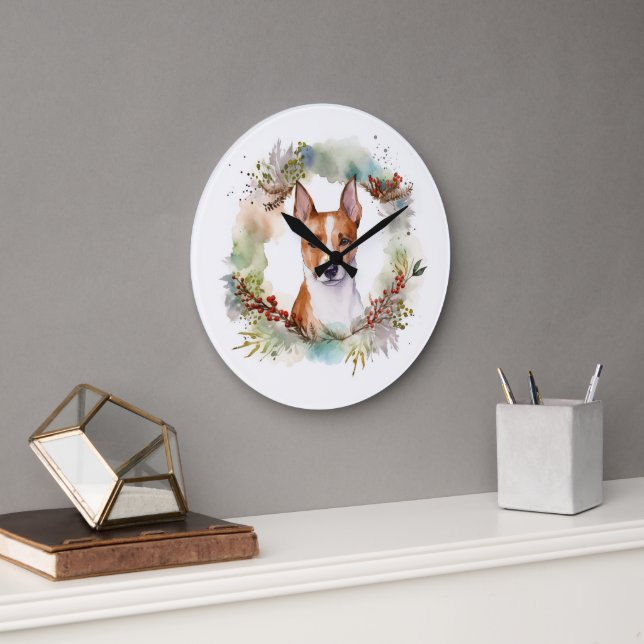 Basenji Christmas Wreath Festive Pup Large Clock (Office)