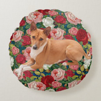 Basenji Dog and Roses  Round Pillow
