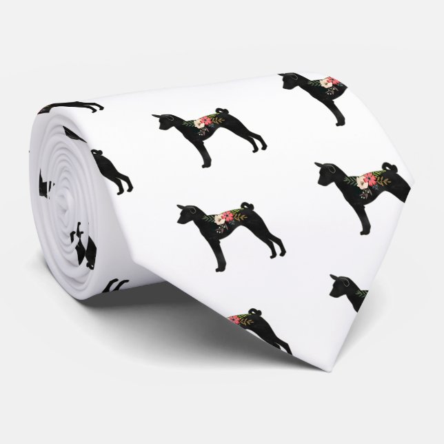 Basenji Dog Breed Boho Floral Silhouette Tie (Rolled)