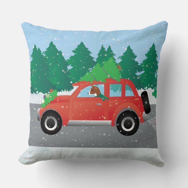 Basenji Dog Driving a  Red Car with Christmas Tree Throw Pillow (Front)