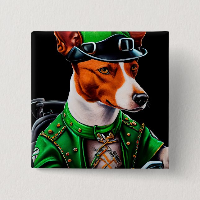 Basenji Dog driving bike St. Patrick's Day 2 Inch Square Button (Front)