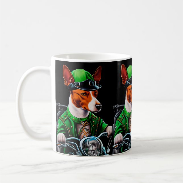 Basenji Dog driving bike St. Patrick's Day Coffee Mug (Left)