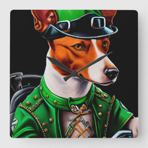 Basenji Dog driving bike St. Patrick's Day Square Wall Clock