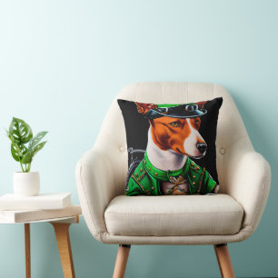 Basenji Dog driving bike St. Patrick's Day Throw Pillow