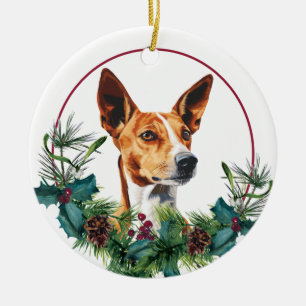 Basenji Dog Evergreen Wreath Ceramic Ornament