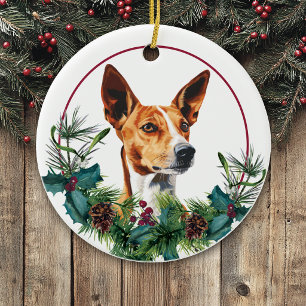 Basenji Dog Evergreen Wreath Ceramic Ornament
