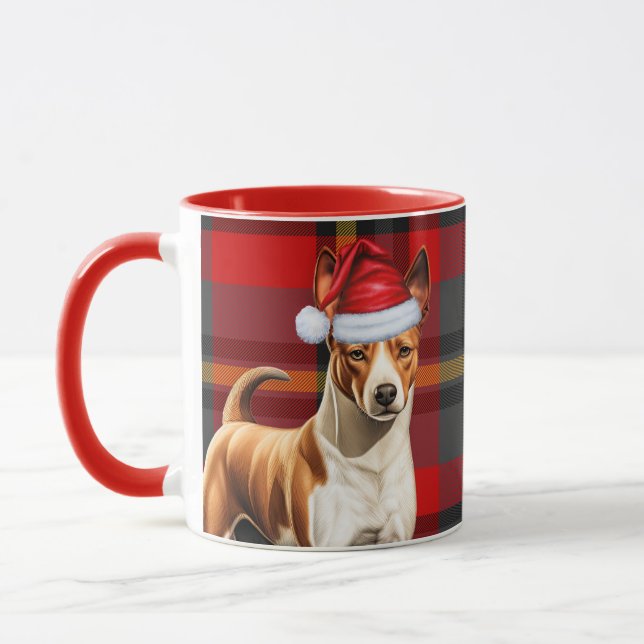 Basenji Dog Holiday Red and Green Plaid Christmas Mug (Left)