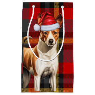 Basenji Dog Holiday Red and Green Plaid Christmas Small Gift Bag