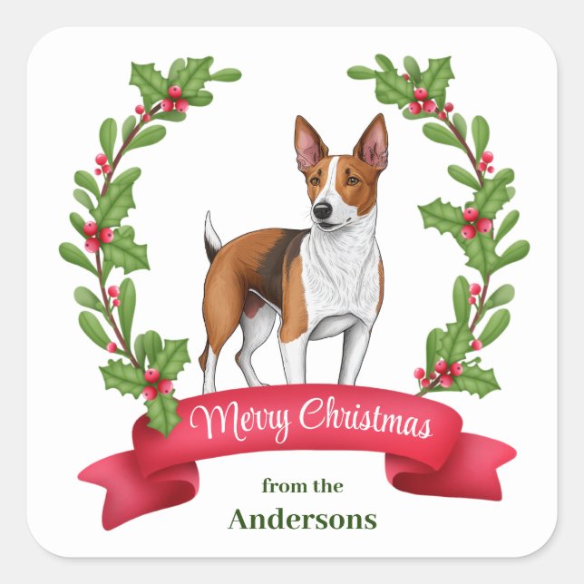 Basenji Dog Holly Banner Christmas Square Sticker (Front)